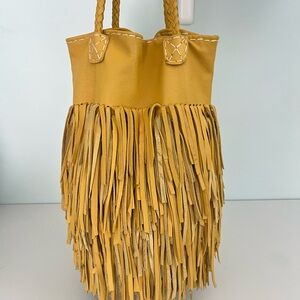 Yellow Fringe Faux Leather Bucket Bag